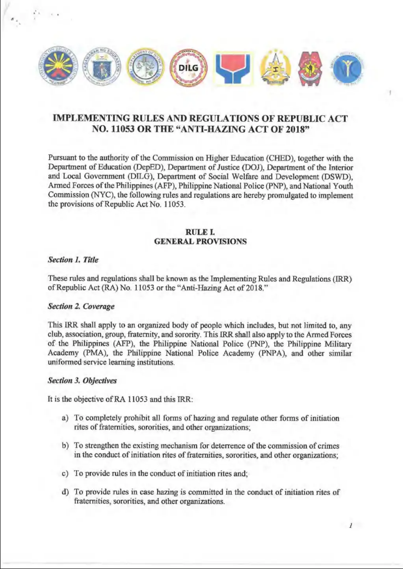 Signed IRR RA 11053 Anti Hazing Act of 2018