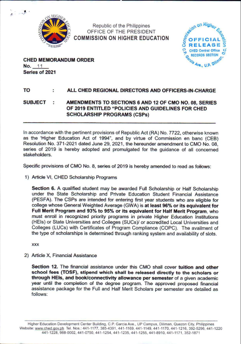 CMO No. 11 s. 2021 Amendments to Section 6 and 12 of CMO No. 8 series of 2019