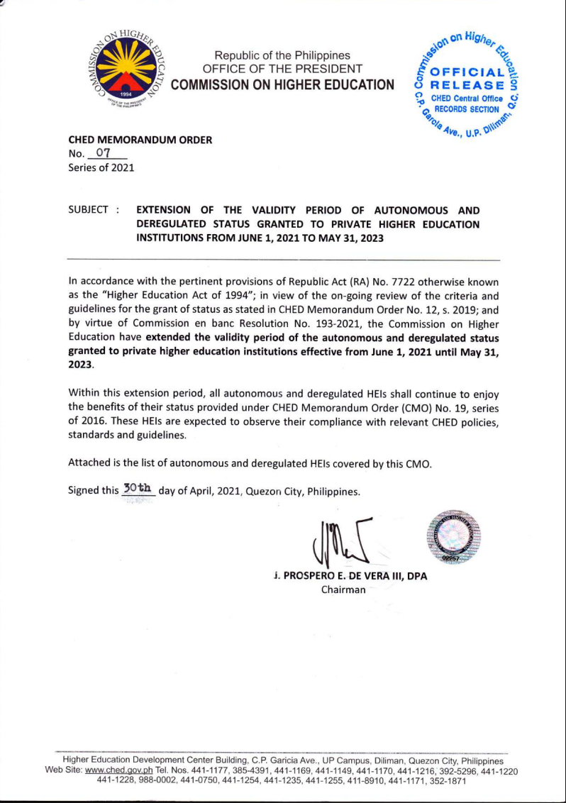 CMO No. 7 series of 2021 Extension of the Validity Institutions from June 1 2021 to May 31 2023