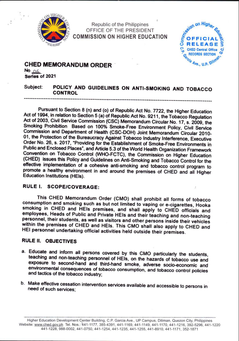CMO No. 6 Series of 2021 Policy and Guidelines on Anti Smoking and Tobacco Control