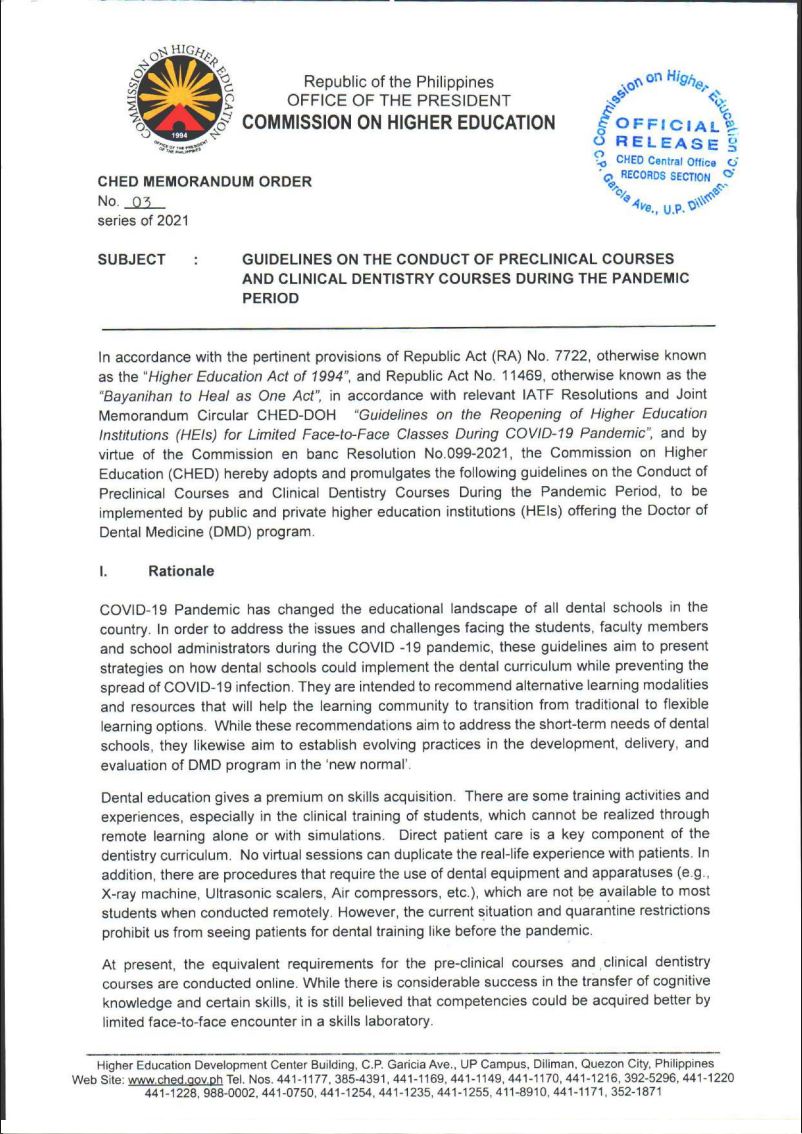 CMO No. 3 S. 2021 Guidelines on the Conduct of Pre I-Dentistry Courses during the Pandemic Period