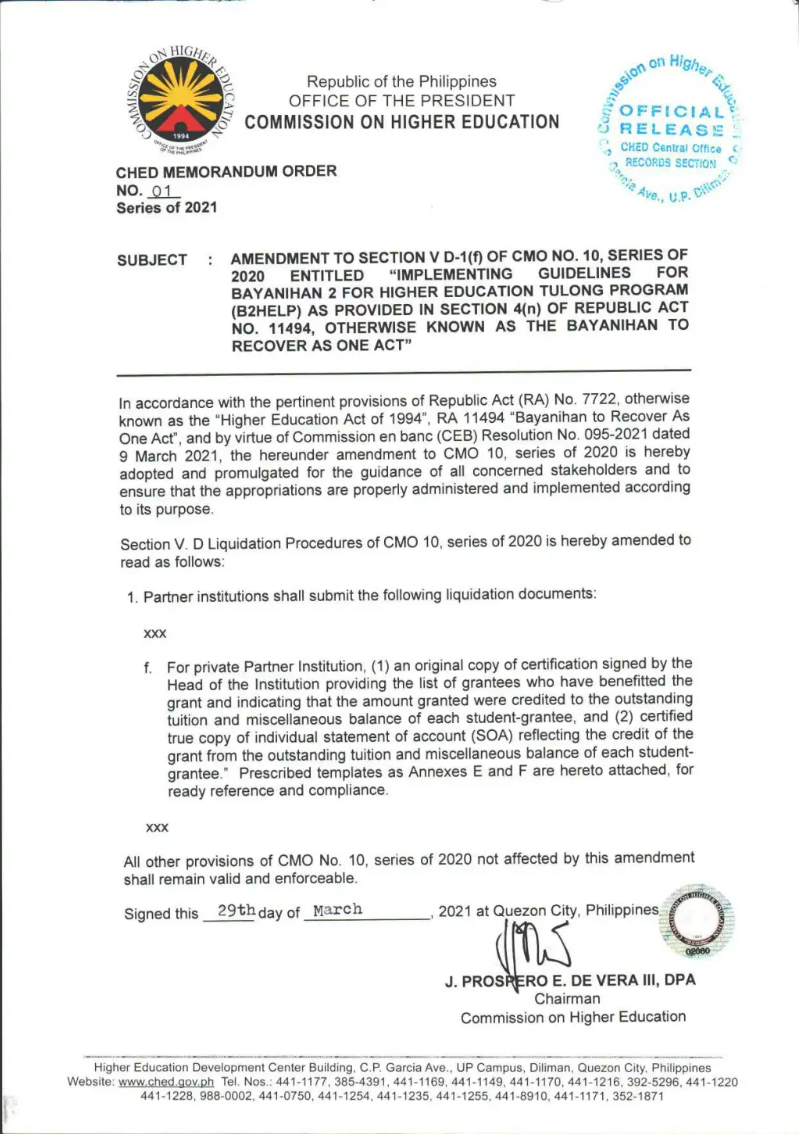 CMO No. 1s. 2021 on the Amendment to Section V D n 2 for Higher Education Tulong Program B2HELP
